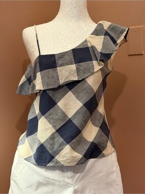 Zara One-Shoulder Gingham Ruffle Top - Navy & Cream